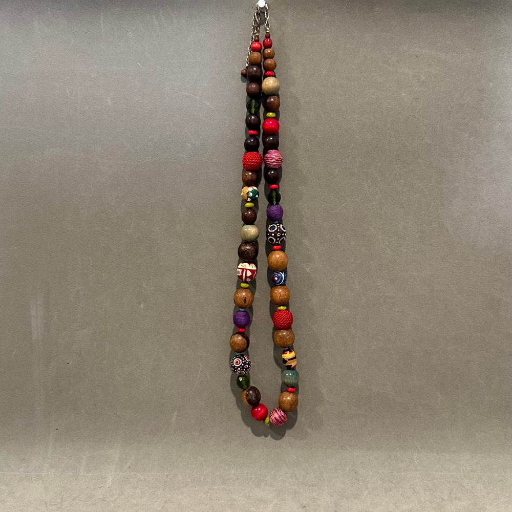 Boho‎ Chunky Mixed Bead Necklace Wood Thread Painted Statement Multi Color 28in